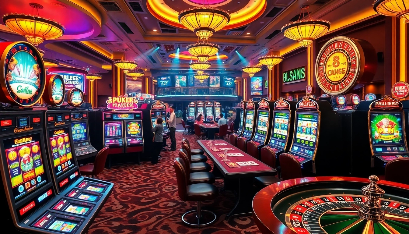 Adegan permainan slot pulsa yang seru dengan mesin berwarna-warni, meja kasino, dan pemain menikmati kemenangan besar.