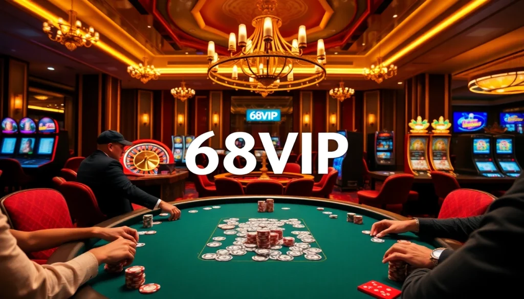 68VIP poker players enjoying a high-stakes game with vibrant casino settings and luxurious decor.
