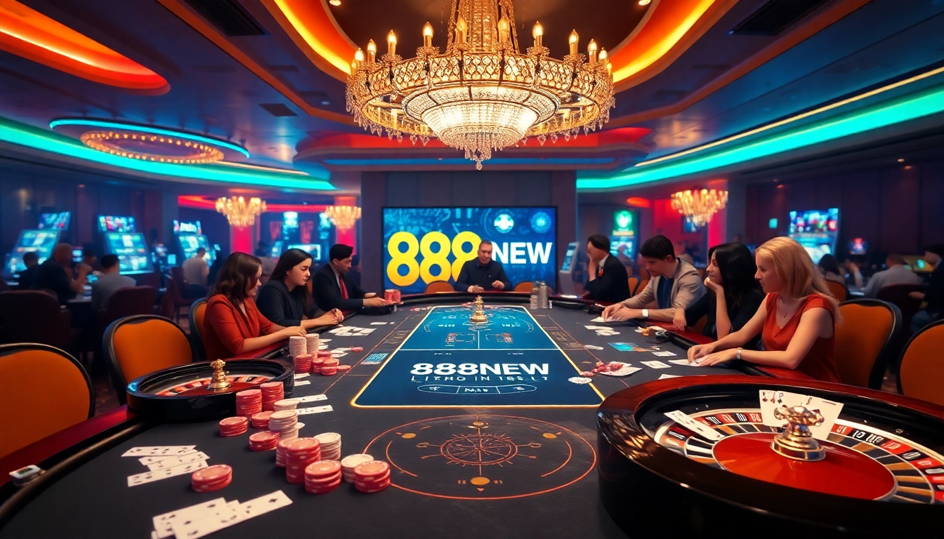 Engaged players enjoying games at 888NEW casino with vibrant poker tables and roulette.