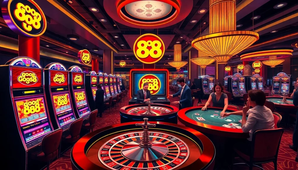 Players celebrating a big win at the Good 88 slot machines in a luxury casino.