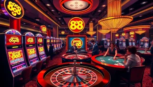 Players celebrating a big win at the Good 88 slot machines in a luxury casino.