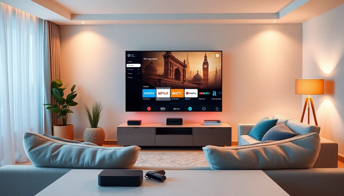 Iron TV Pro streaming interface displayed on a modern Smart TV in a cozy living room setting.