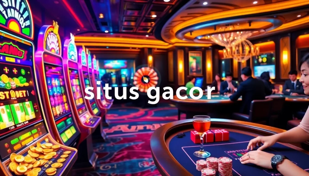 Aksi Situs Gacor di kasino yang penuh warna dengan mesin slot, roda roulette, dan pemain poker yang menarik.
