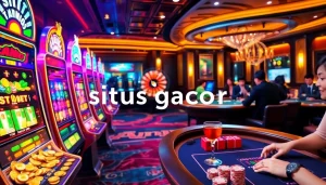 Aksi Situs Gacor di kasino yang penuh warna dengan mesin slot, roda roulette, dan pemain poker yang menarik.