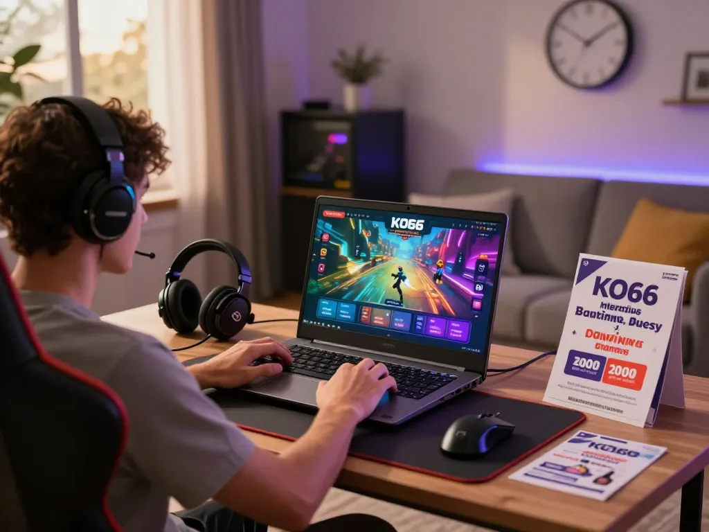 Interactive KO66 online gaming scene with a player enjoying a betting platform in a modern living room, showcasing vibrant game graphics and accessories.