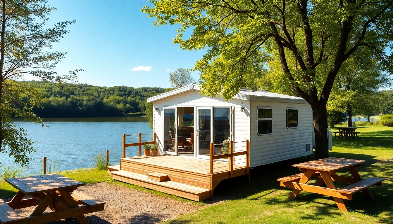 Luxury static caravans by a serene lakeside, emphasizing comfort and relaxation.