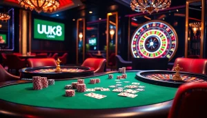 LUCK8 interactive casino experience with vibrant poker chips and roulette highlights.