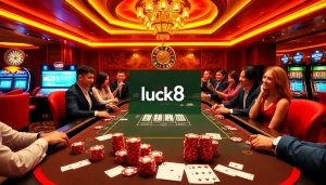 Players enjoying their time at Luck8 casino with vibrant poker chips and engaging games.