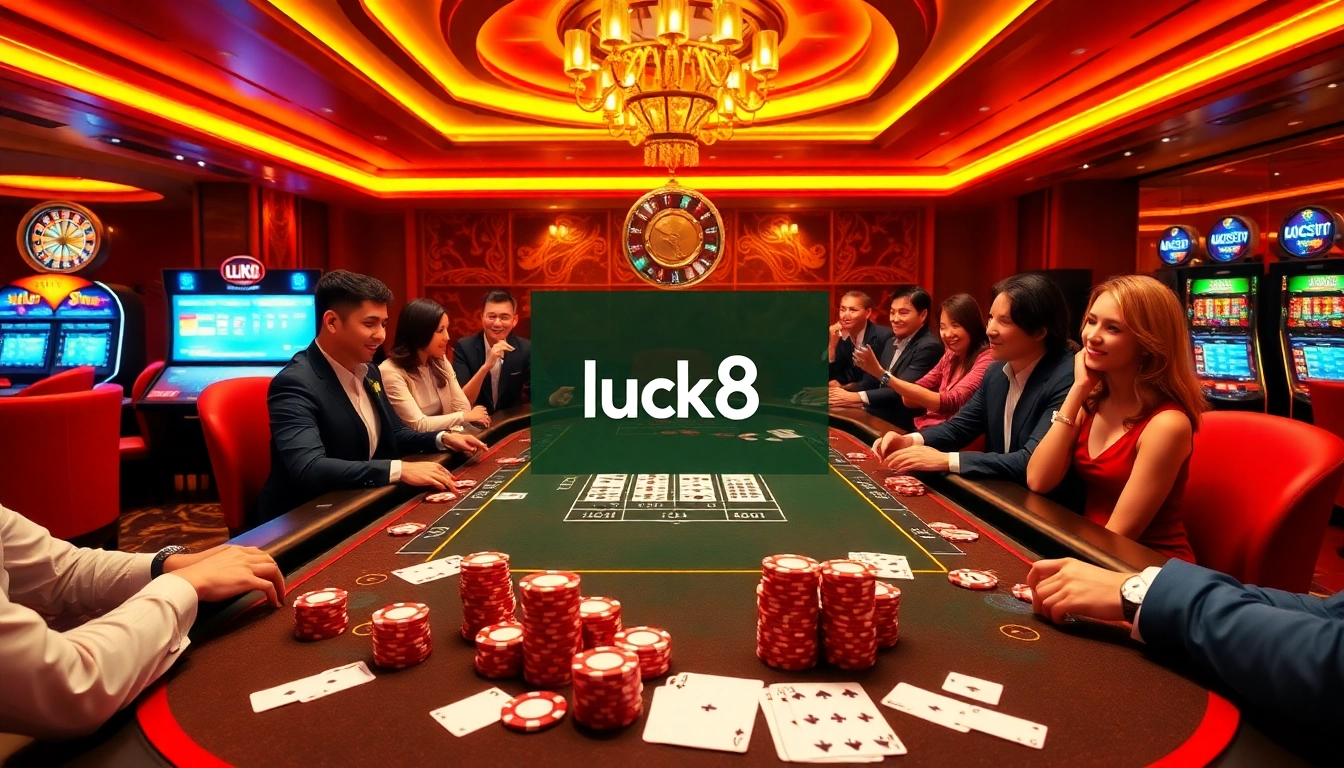 Players enjoying their time at Luck8 casino with vibrant poker chips and engaging games.