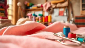 Katoenen stof per meter displayed alongside vibrant threads and sewing tools in a cozy textile studio.