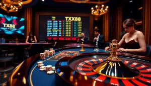 Experience thrilling gameplay with TX88 at an upscale casino table featuring roulette and poker elements.
