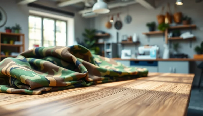 Camouflage print stoffen in verschillende kleuren en patronen op een houten tafel gerangschikt.