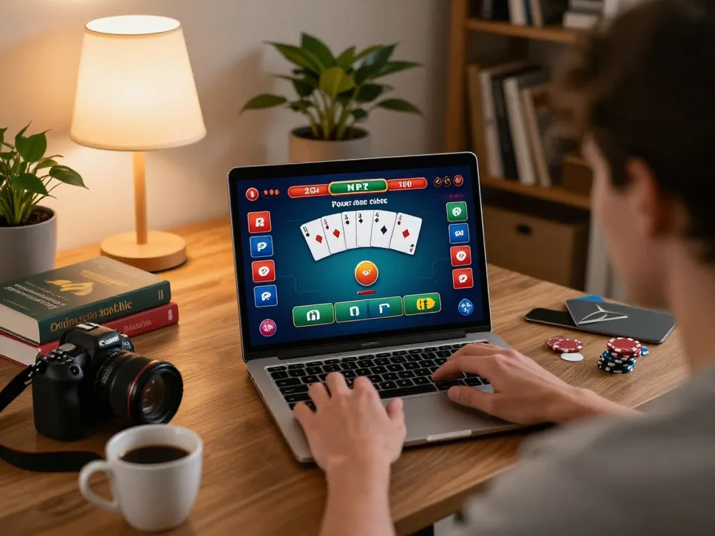 Person actively playing poker online at home using a laptop to access https://www.dacsandatphanrang.com/ showcasing strategic betting options.