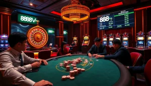 Engaged players at an 888VND poker table in a luxury casino setting, showcasing high-stakes gambling.