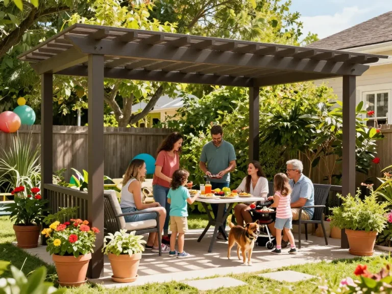 Family enjoying a custom pergola in their backyard, showcasing the online pergola configurator's design possibilities.