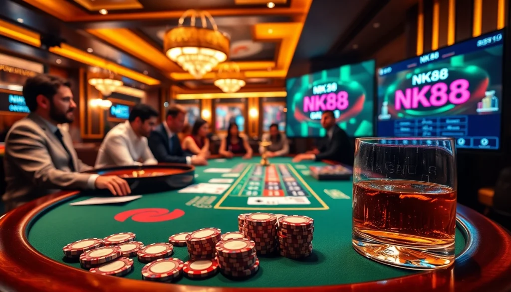 Engaging NK88 casino scene featuring poker gameplay with vibrant chips and professional dealers.