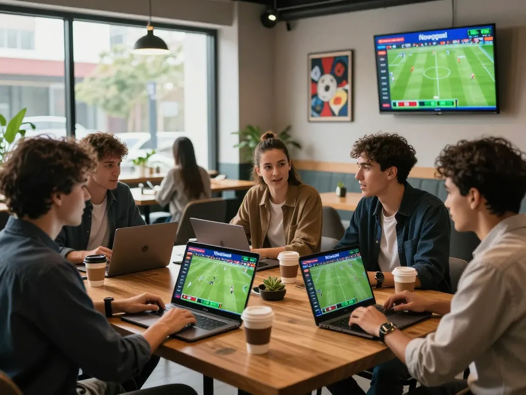 Friends enjoy a lively discussion about live betting on nowgoal in a modern sports lounge.