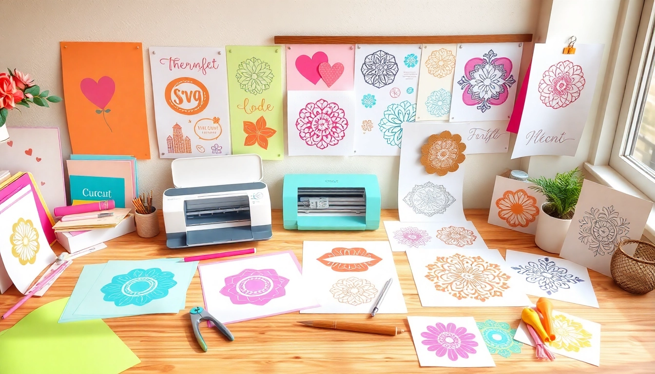 Cricut SVG crafting workspace with colorful designs and tools for DIY projects.