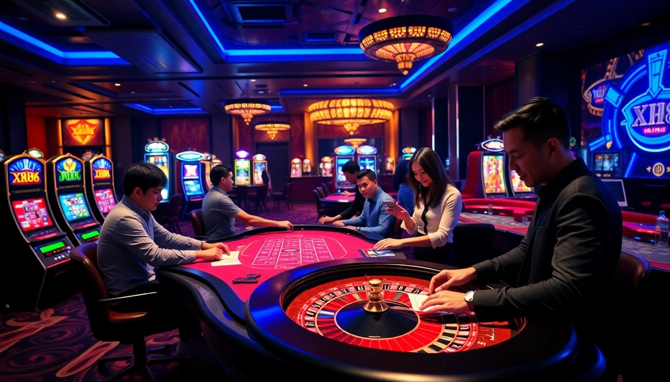 Exciting online gaming scene at XX88 with lively players at casino tables and vibrant slot machines.