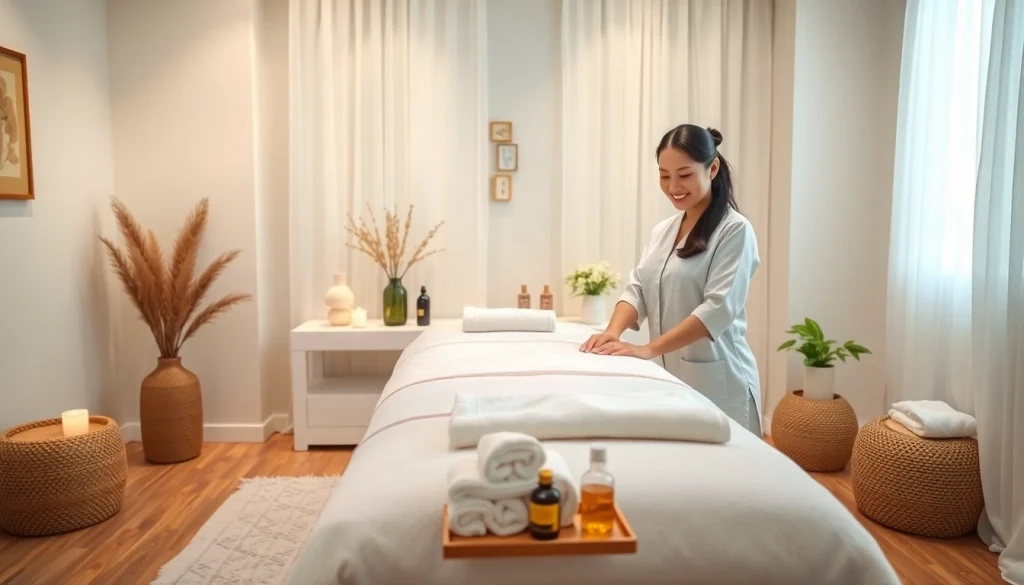 수원출장마사지의 편안한 분위기 속에서 친근한 치료사가 차분한 마사지를 준비하는 모습