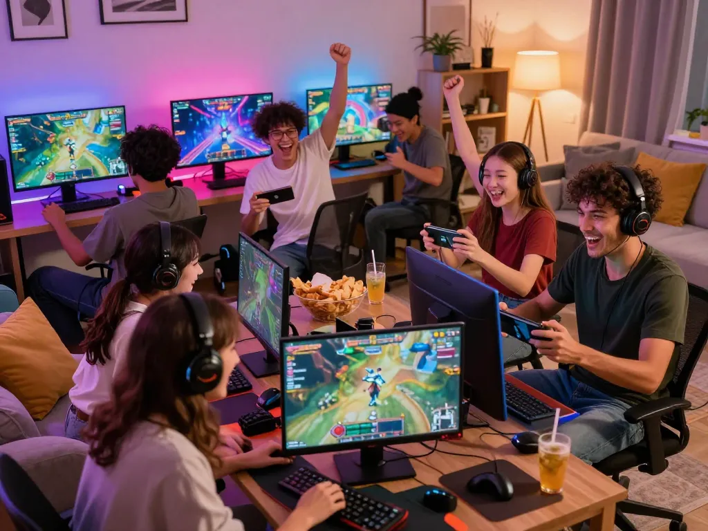 Exciting gaming night with friends engaging in S666 games on digital devices, celebrating camaraderie and entertainment.