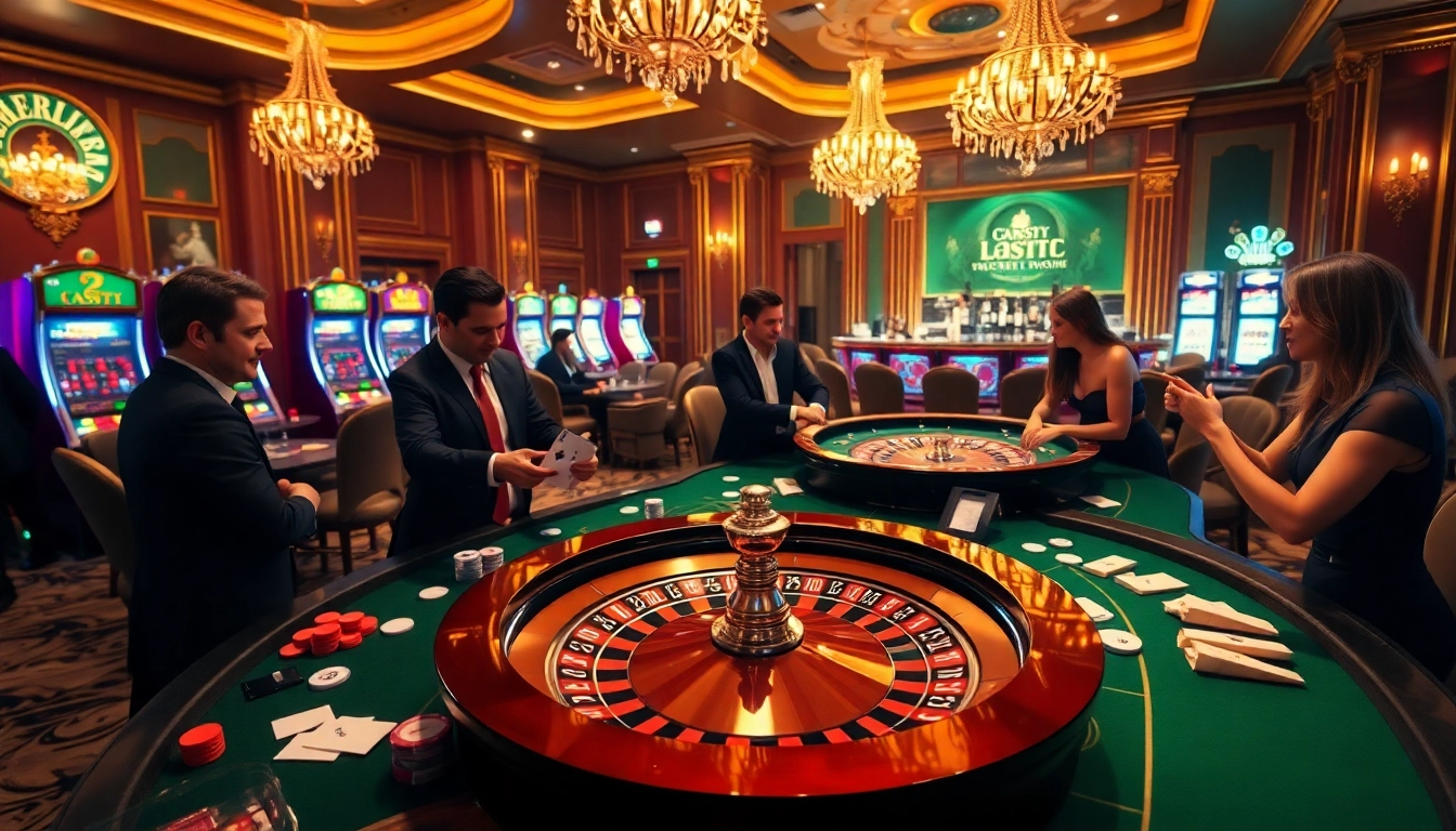 Scène captivante montrant le meilleur casino en ligne avec des joueurs appréciant les tables de roulette et de poker au milieu du luxe et du frisson.