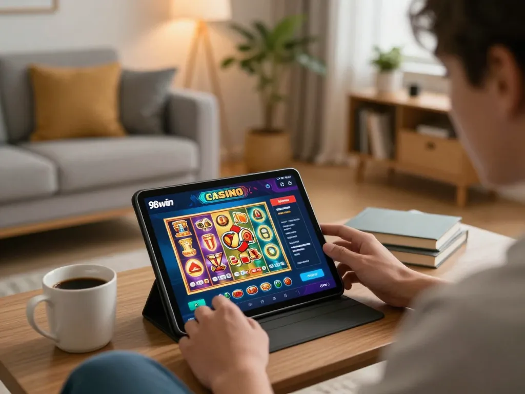 Player enjoying 98win online casino games on a tablet in a cozy living room, showcasing vibrant graphics.
