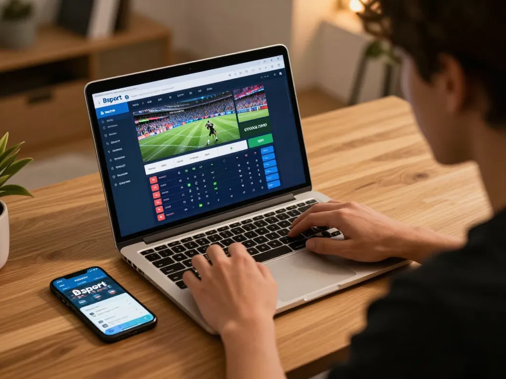 Engaging in live sports betting on Bsport's interface with a laptop and smartphone