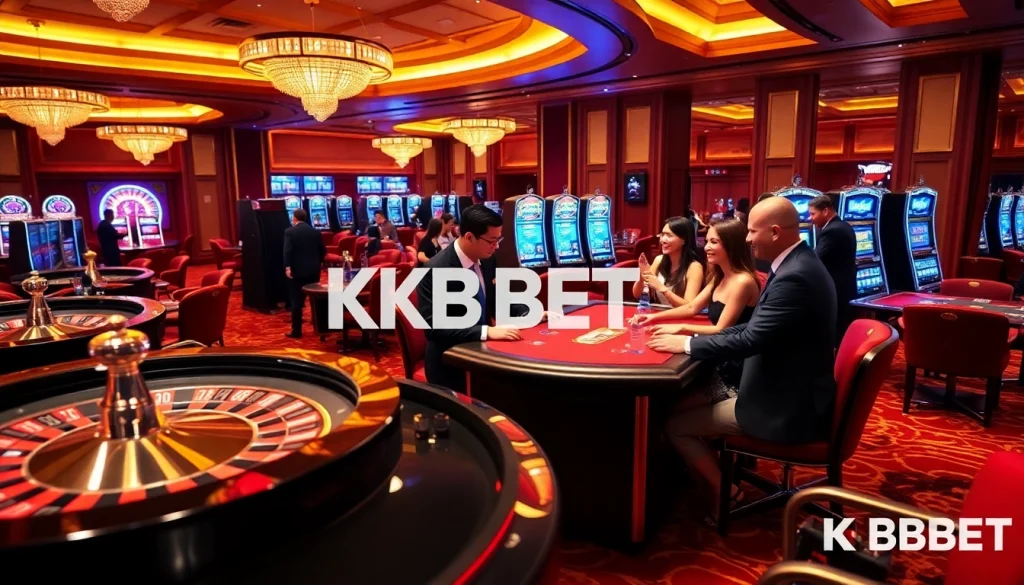 KBBET casino scene with players at blackjack tables and luxurious decor