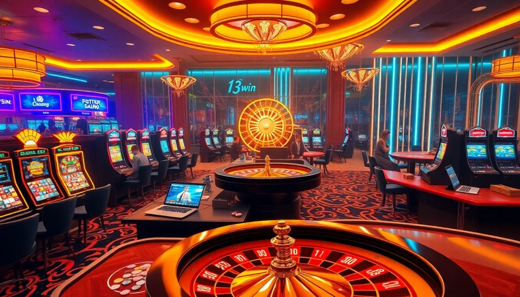 An exciting online casino scene showcasing 13win players engaging with slot machines and poker tables.