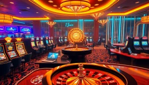 An exciting online casino scene showcasing 13win players engaging with slot machines and poker tables.