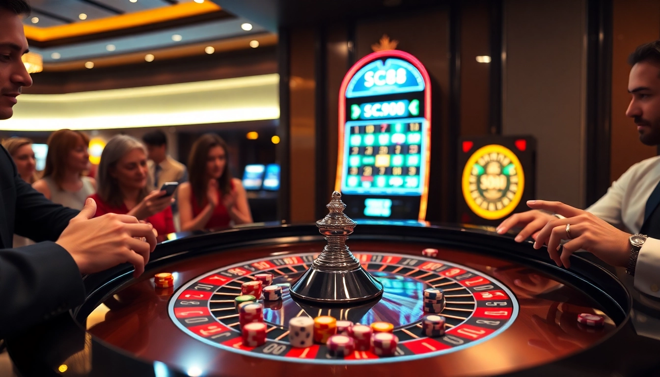 SC88 players enjoying a thrilling casino atmosphere with poker chips and roulette table.