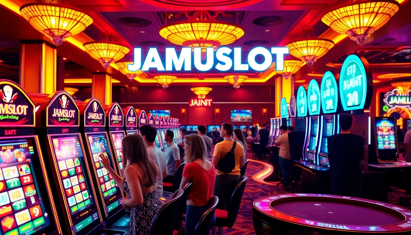 Experience the excitement at JAMUSlot with players celebrating a jackpot win at a vibrant casino.