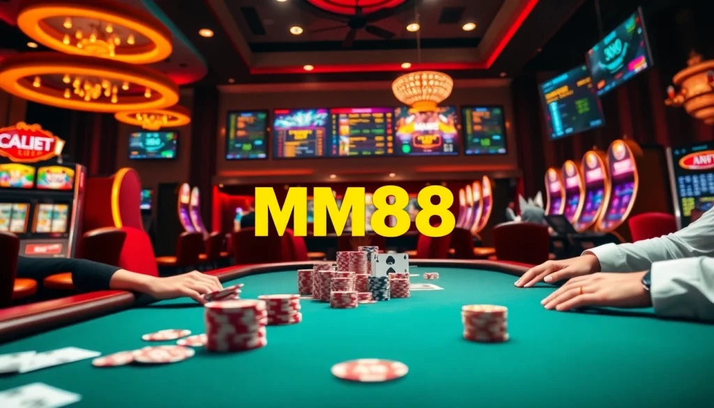 MM88 online gaming platform showcasing high-stakes poker action amid vibrant casino atmosphere.