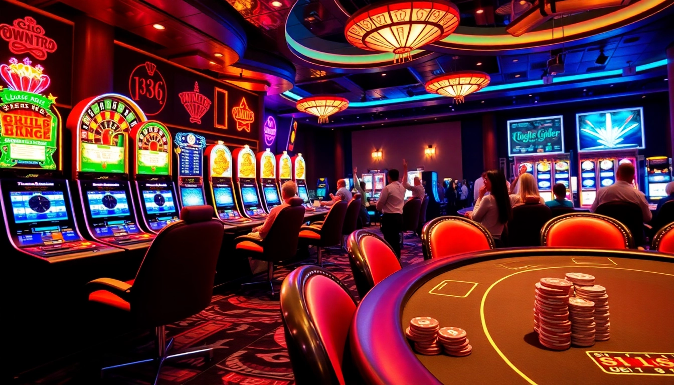 A thrilling scene at situs aresgacor highlighting players engaging at roulette and poker tables.