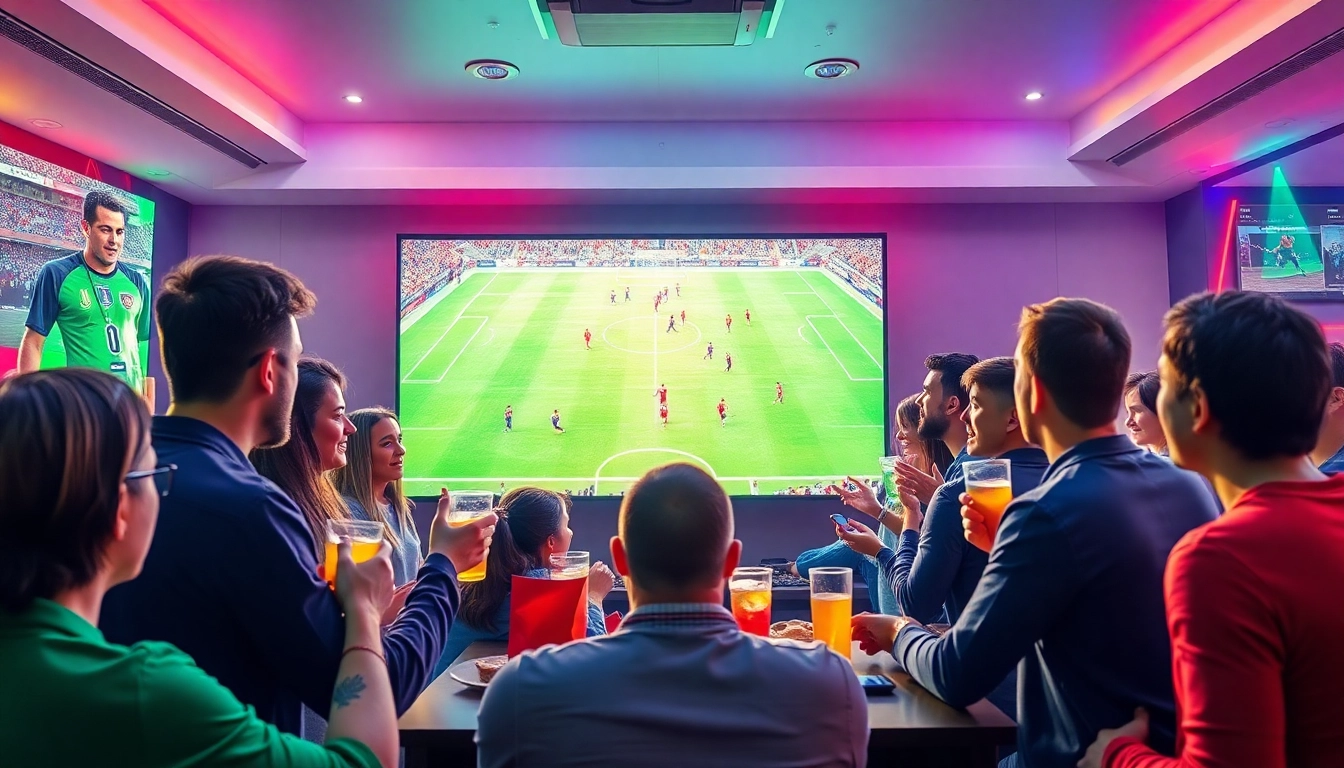 Football fans enjoying live matches while discussing tỷ lệ kèo in a lively setting.