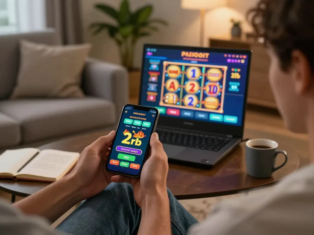 Engaging online experience with slot deposit 2rb on a smartphone in a cozy living room.
