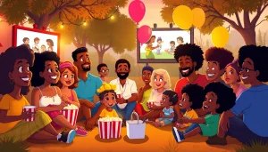 A group celebrating African American cartoons outdoors, featuring iconic characters and vibrant elements.