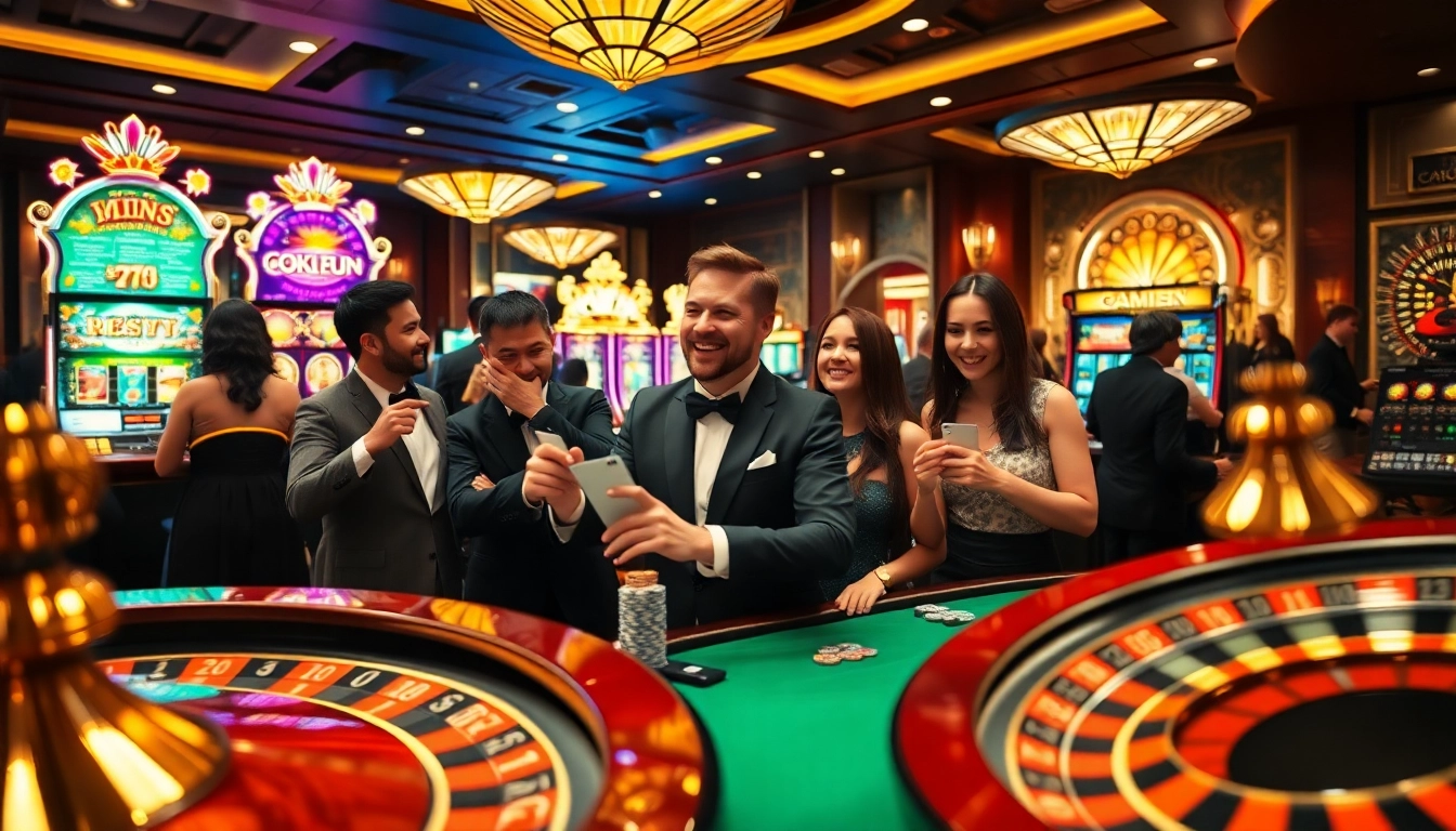 Players experiencing the thrill of winning at OKFUN casino tables with stacked chips and vibrant slot machines.