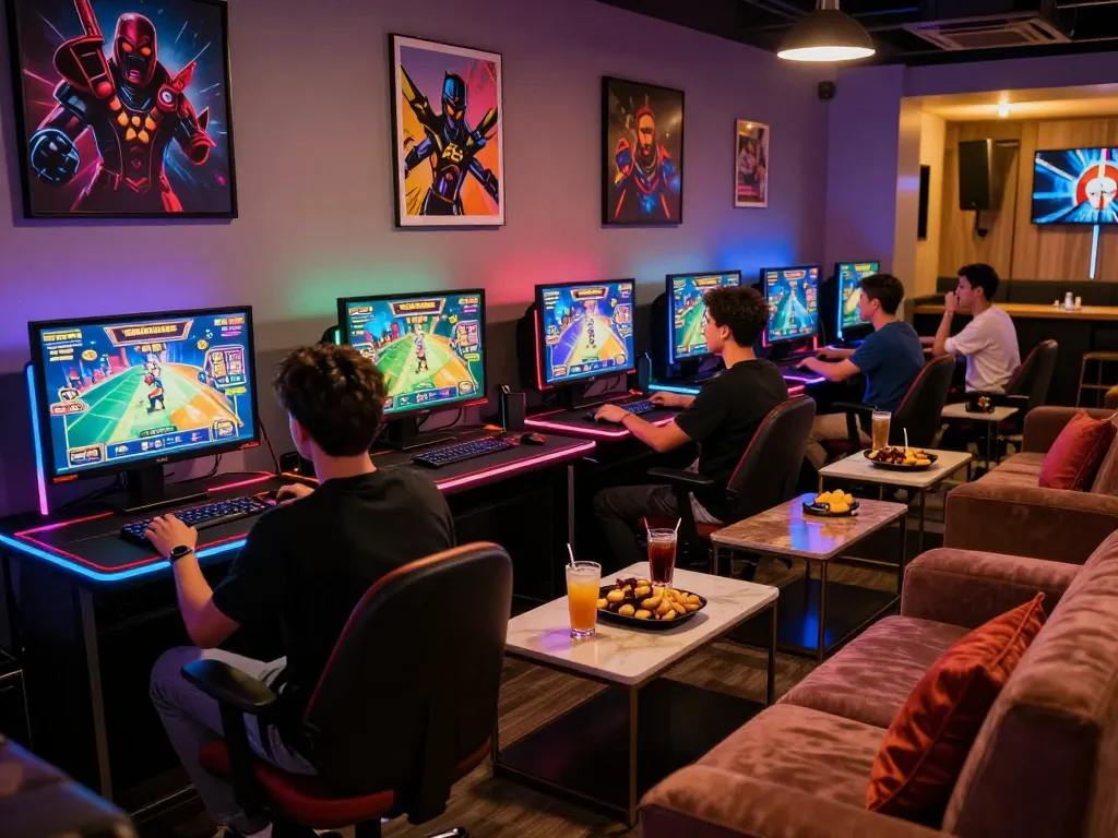 Exciting VEGASSLOT77 gaming lounge scene with friends enjoying online slots.