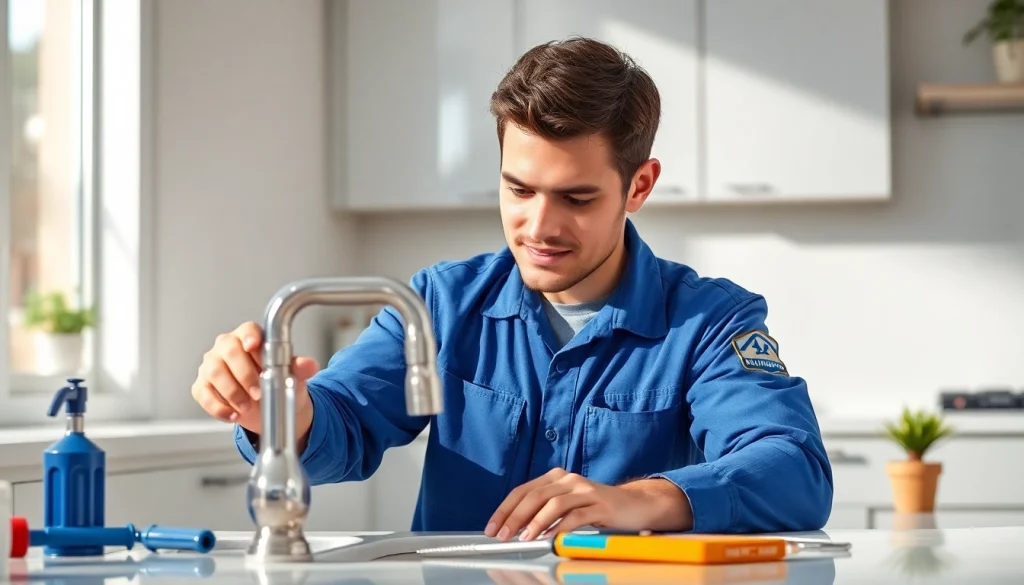24 hour plumber nyc repairing a leaky faucet in a modern kitchen, showcasing professionalism and reliability.