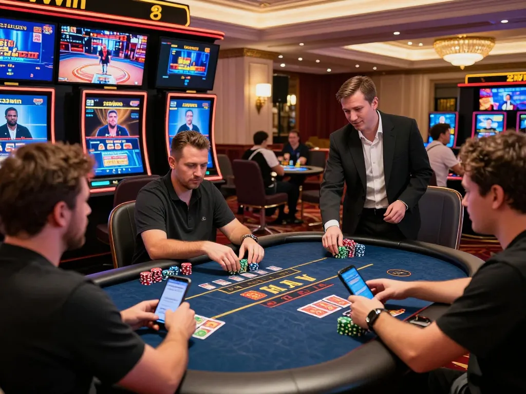 Exciting gaming atmosphere at 23win online casino with diverse players enjoying live dealer games in a luxurious setting.