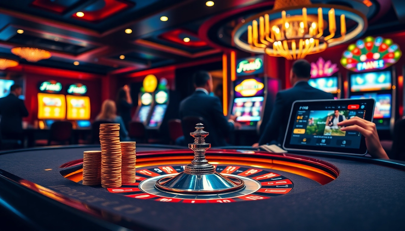 Players enjoying an exciting game at the F168 casino table, highlighted by vibrant chips and roulette wheel.