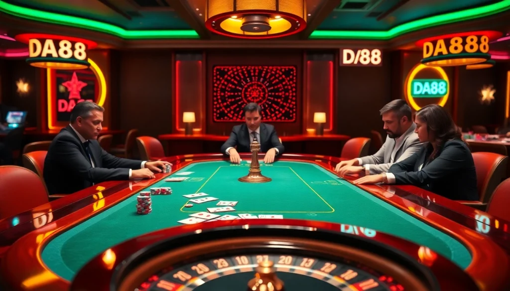 Players enjoying a luxurious poker game at DA88 casino, stacked chips and cards in play.