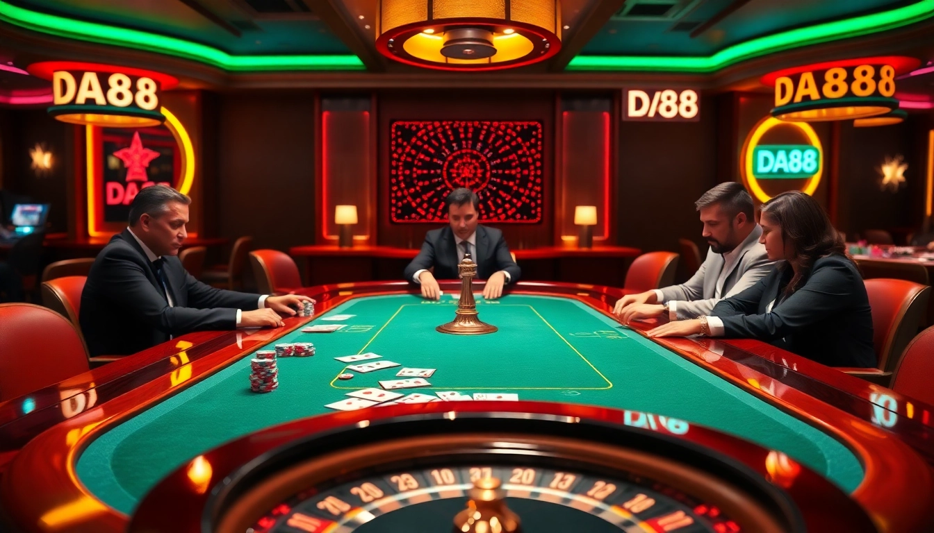 Players enjoying a luxurious poker game at DA88 casino, stacked chips and cards in play.