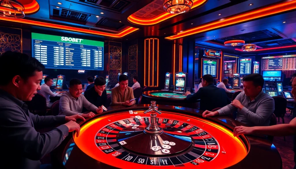 Engaging with sbobet link alternatif at a luxurious casino, vibrant roulette table and enthusiastic gamblers.