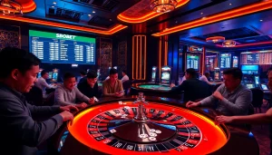 Engaging with sbobet link alternatif at a luxurious casino, vibrant roulette table and enthusiastic gamblers.