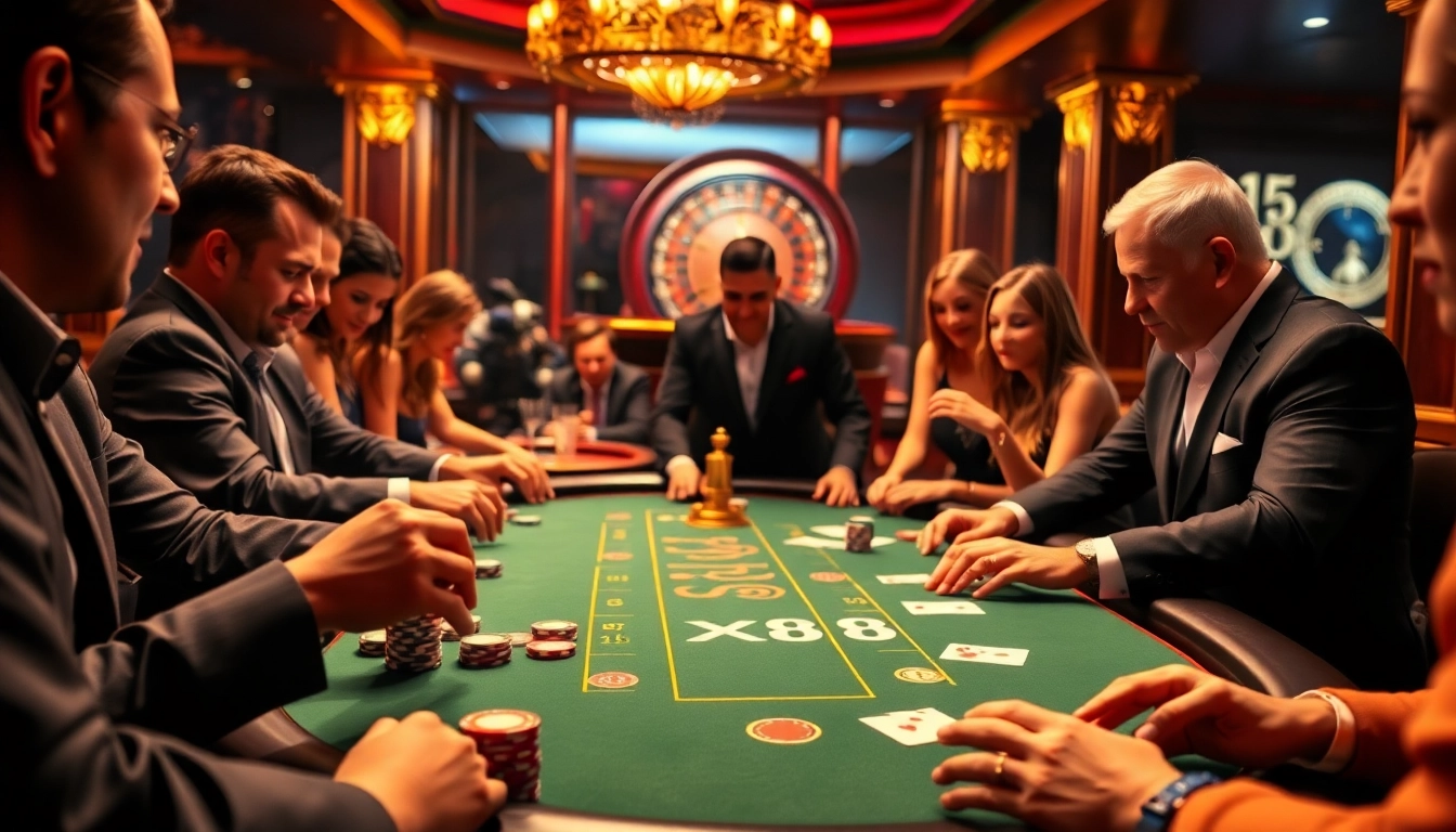 Experience the excitement of TX88 with players engaging around a luxurious casino poker table.