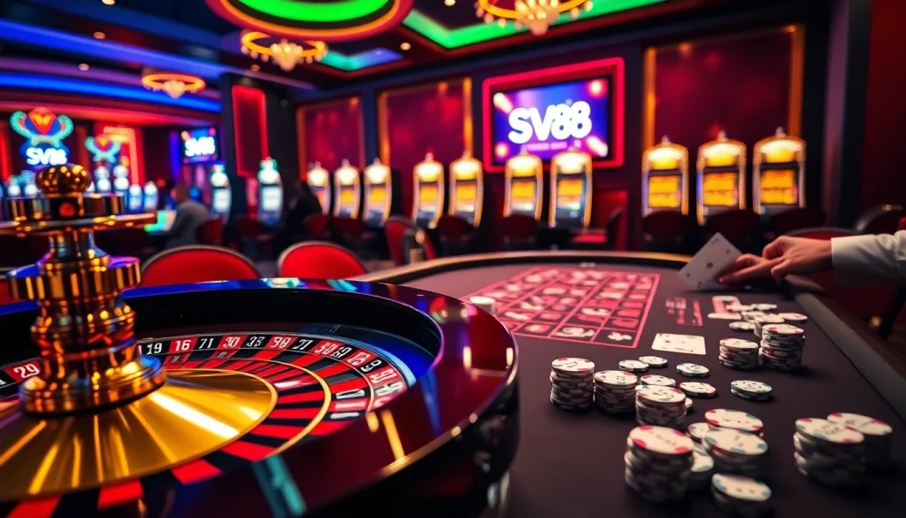 Exciting gameplay at SV388 casino with roulette and poker tables, showcasing vibrant gambling action.