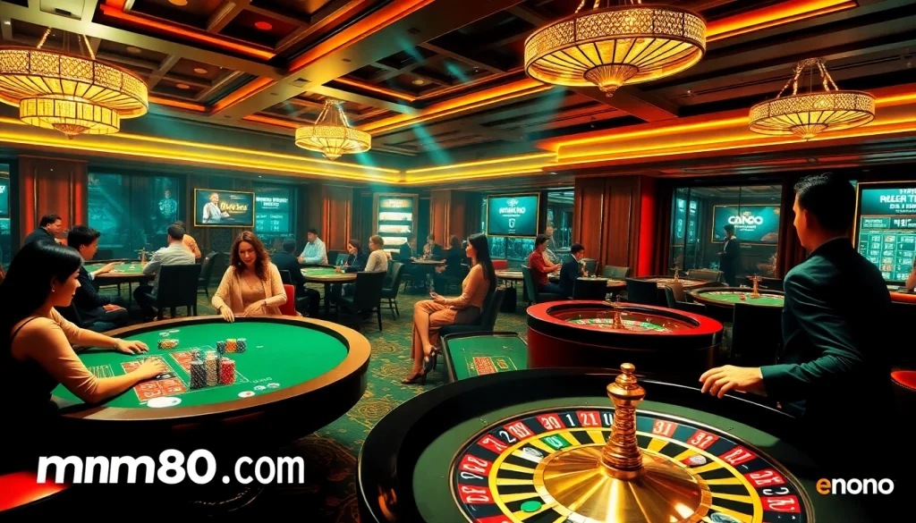 Players enjoying a vibrant casino scene at mm88.com, showcasing thrilling poker and roulette games.